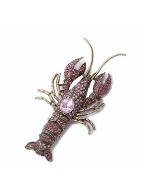 Pink Rhinestone Lobster Brooch Gold Tone